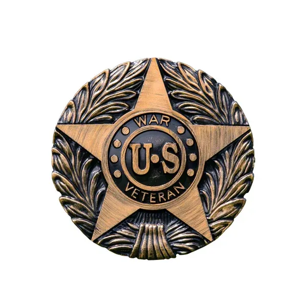 Gold U.S. War Veterans medallion with a star and laurel wreath on a white background