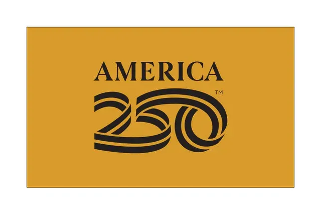America 250 anniversary logo in black on a gold background