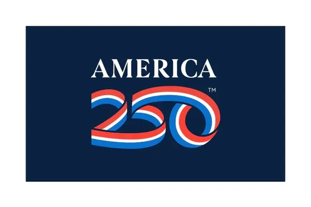 America 250 logo with red, white, and blue ribbon-style “250” on a dark blue background