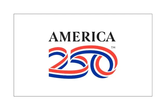 America 250 logo with red, white, and blue stylized “250” on a white background