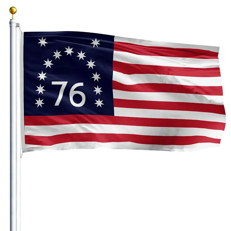 Betsy Ross-style U.S. flag with 13 stars around “76” on blue canton and red-and-white stripes