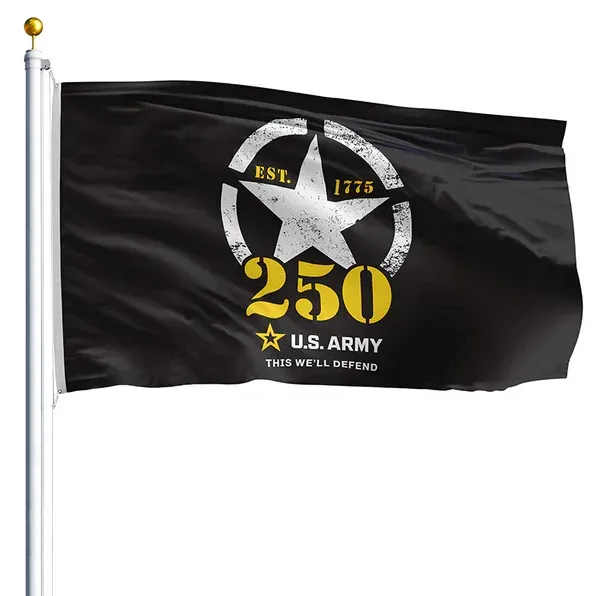 Black U.S. Army 250th anniversary flag with gold star insignia and text on a flagpole