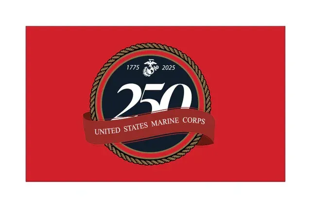 United States Marine Corps 250th anniversary emblem on a red background, with gold rope border and banner