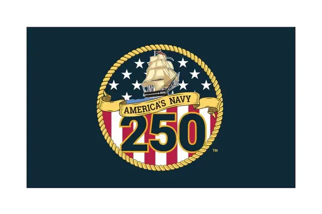 U.S. Navy 250th anniversary emblem with ship, stars, and red-white-blue stripes on a dark blue background