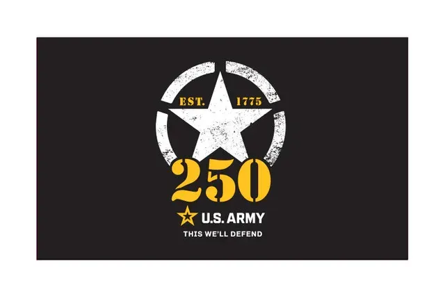 Black U.S. Army 250th anniversary graphic with white star, gold “250,” and “EST. 1775” text