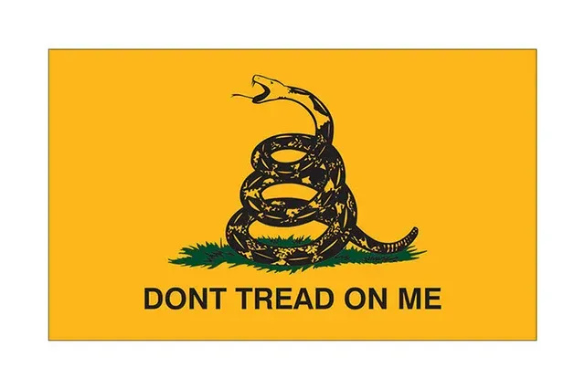 Yellow Gadsden flag with coiled snake and text “DON’T TREAD ON ME”