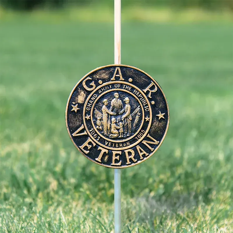 Circular bronze-and-black Vietnam Veteran pin with an emblem and stars around the edge
