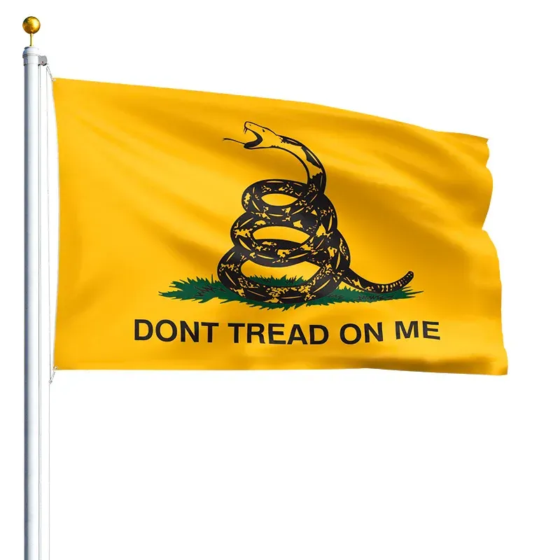 Yellow Gadsden flag with coiled snake and text “DON’T TREAD ON ME”
