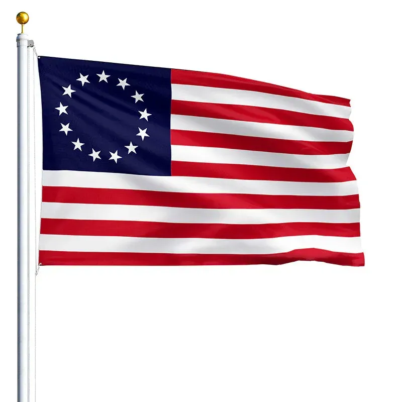Betsy Ross flag with 13 white stars in a circle on a blue field and red-and-white stripes