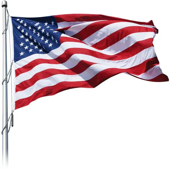 American flag waving on a flagpole against a white background