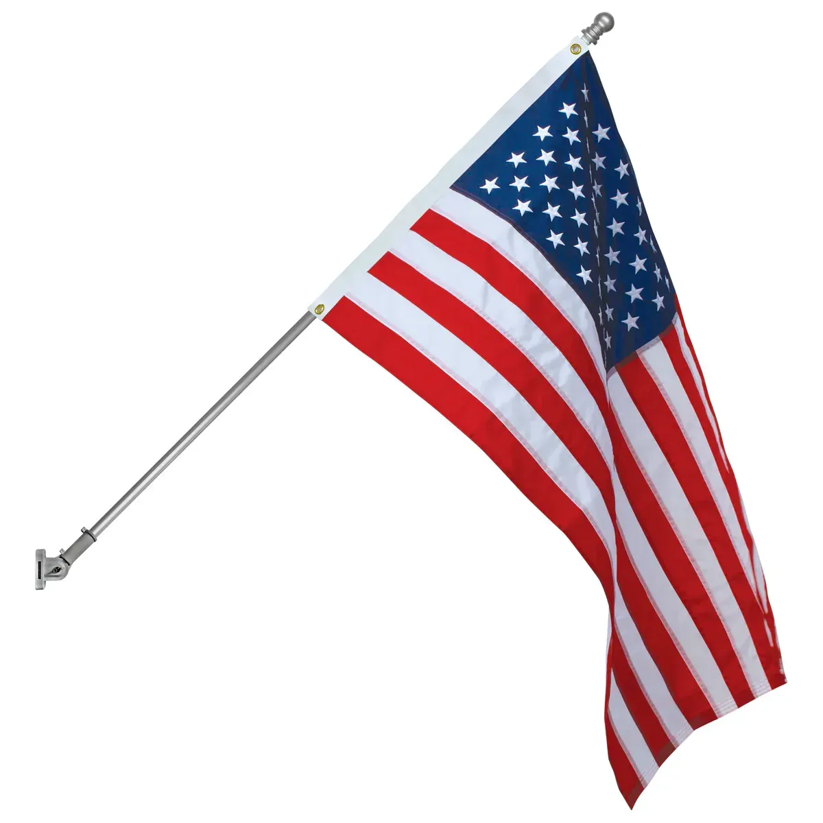 American flag waving on a white flagpole against a white background
