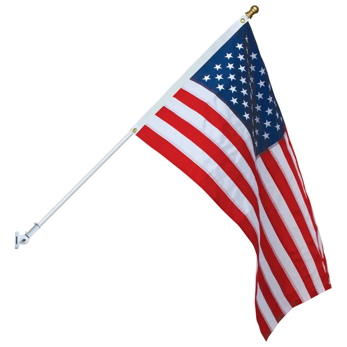 American flag waving on a white flagpole against a white background