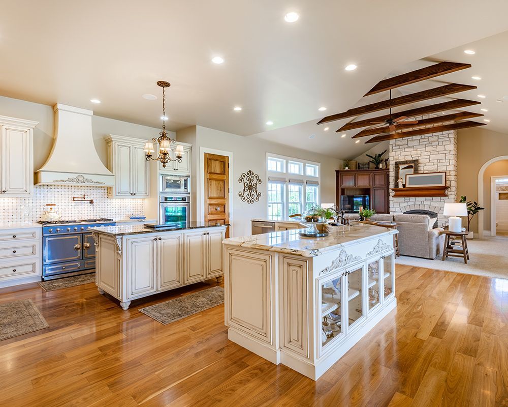 There is a large island in the middle of the kitchen.