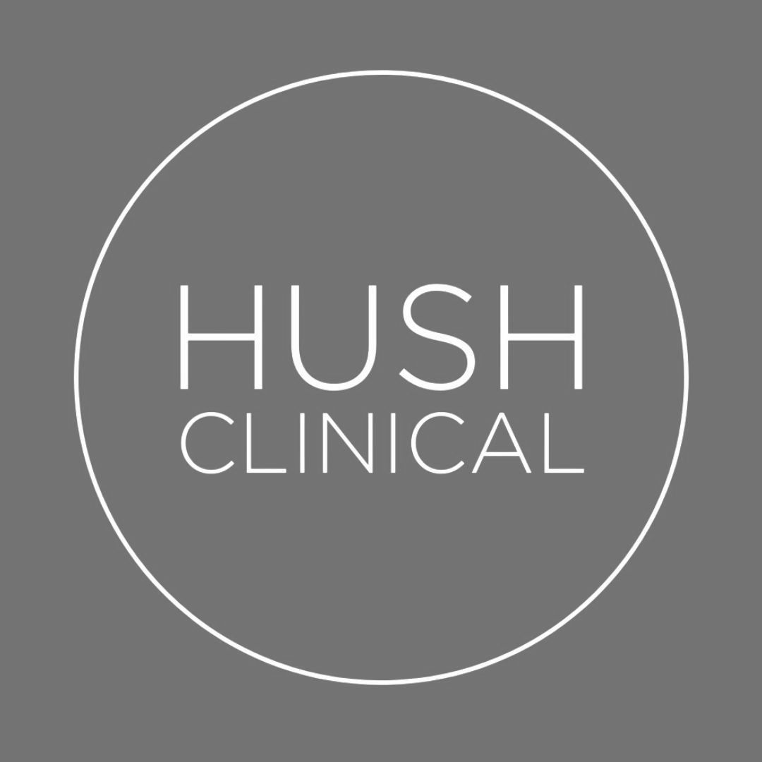 HUSH CLINICAL text within white circle, on gray background.