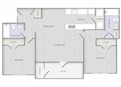 Floor plan of a house with living room, kitchen, dining room, bedrooms, bathrooms, and patio.