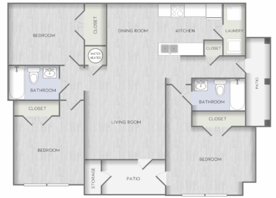 Black-and-white floor plan of a 3-bedroom apartment with living room, kitchen, dining area, baths, and patio