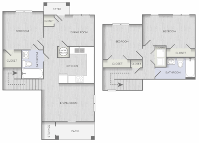Black-and-white floor plan of a house with labeled rooms, including kitchen, living room, bedrooms, and patios.