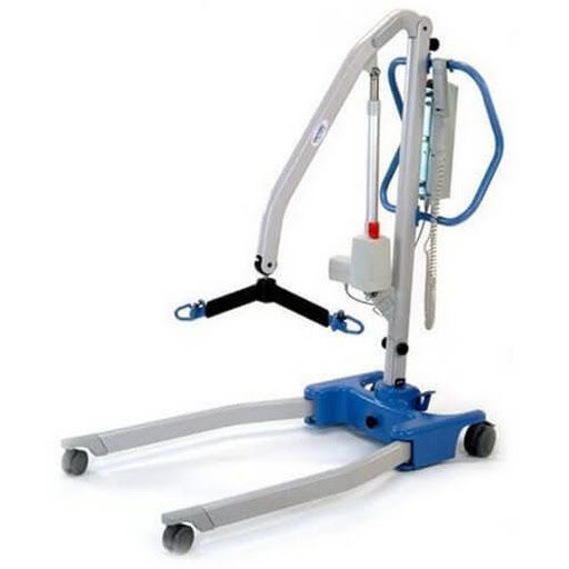 A blue and white patient lift with wheels on a white background.