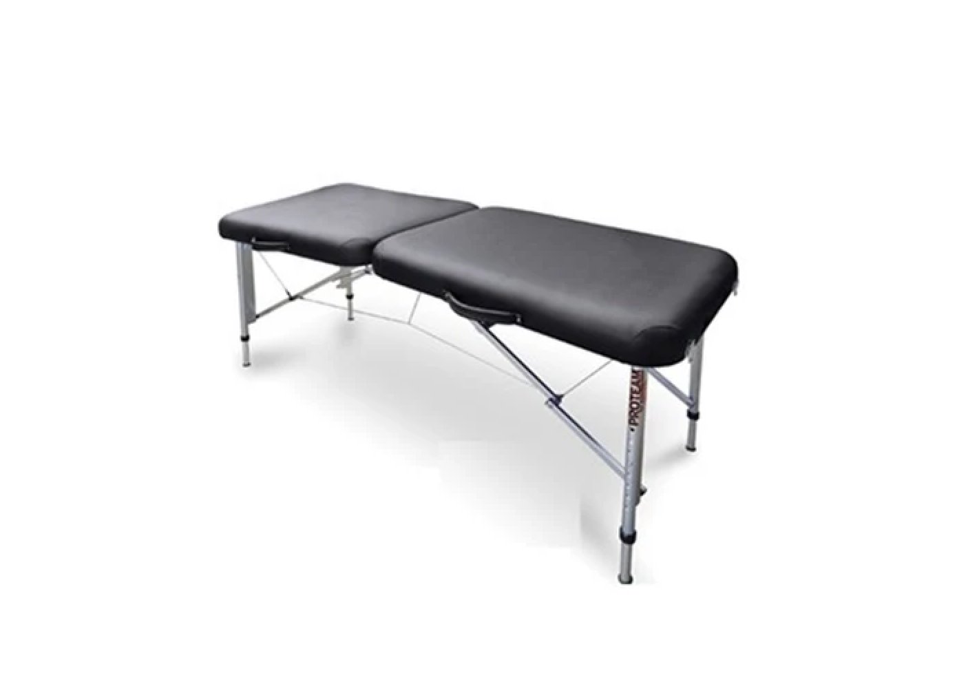 A black massage table is sitting on a white surface.