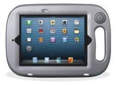 A tablet with a speaker and a handle on a white background.