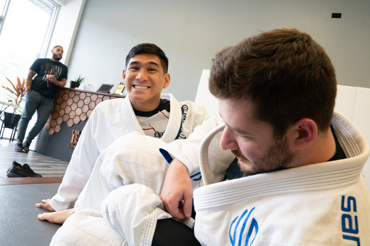 Adults practicing beginner Jiu-Jitsu drills at All in Jiu-Jitsu in Green Brook, NJ.