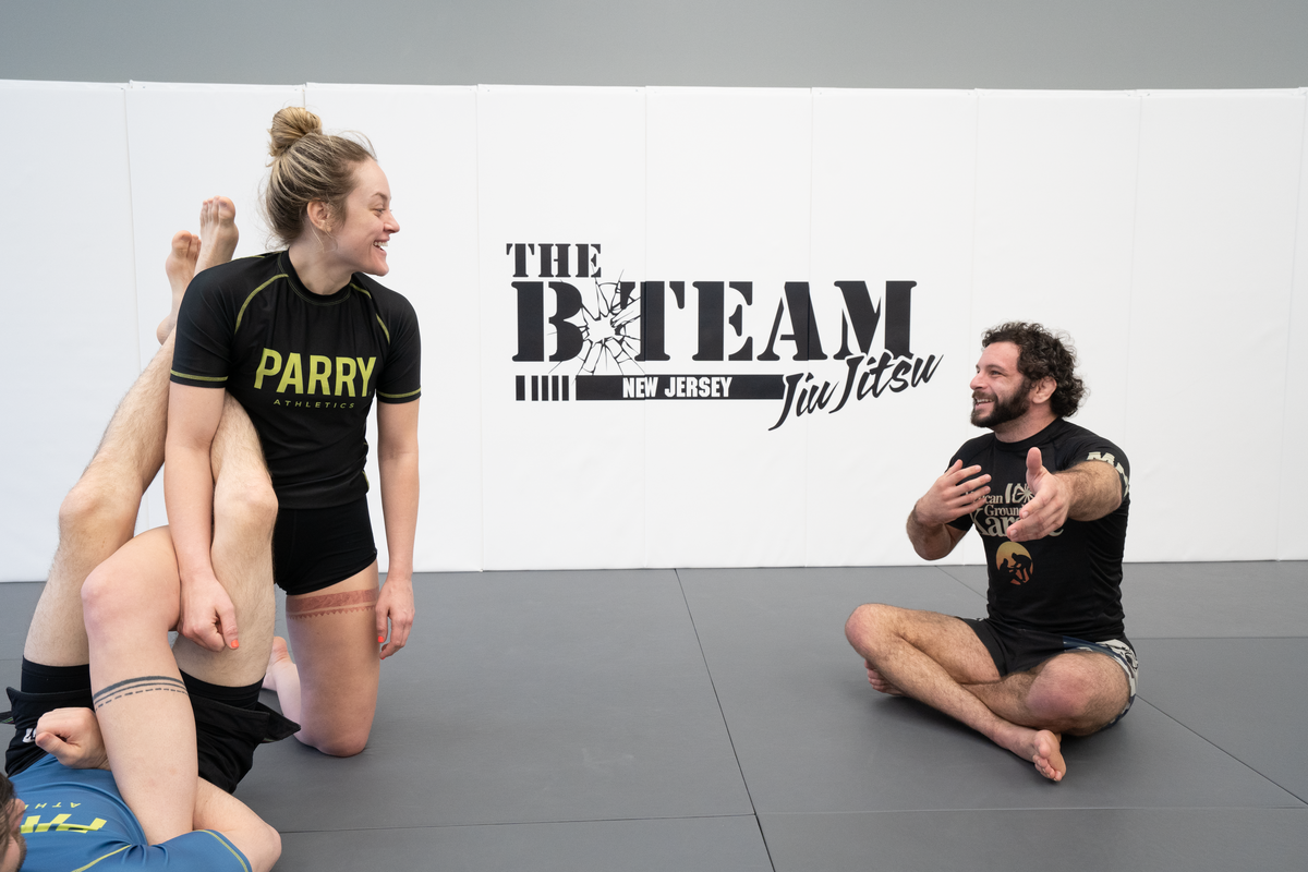 Students drilling Jiu Jitsu self-defense at All in Jiu-Jitsu in Green Brook, NJ, building calm control