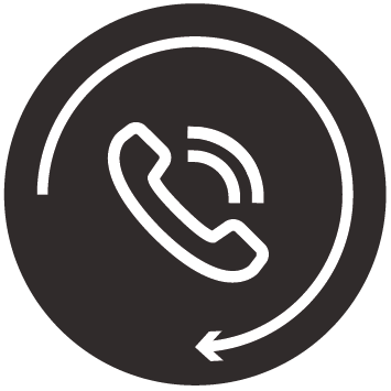 A black and white icon of a phone with an arrow around it.