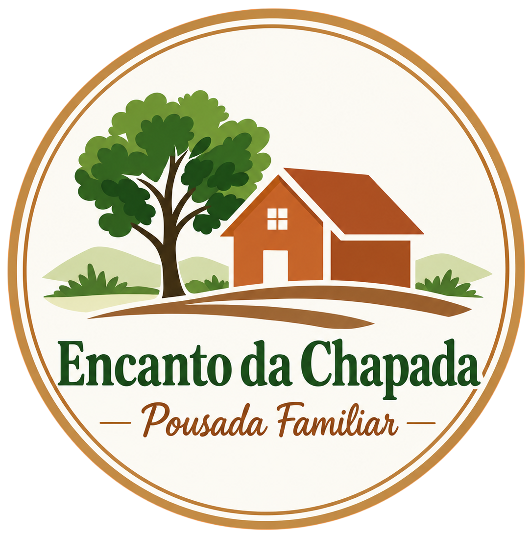 Encanto da Chapada Pousada Familiar logo with tree, house, and circular border