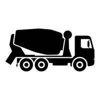 A black and white silhouette of a concrete mixer truck on a white background.