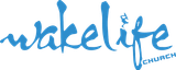A blue logo for wakelife church on a white background