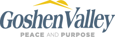 The logo for goshen valley peace and purpose is blue and yellow.