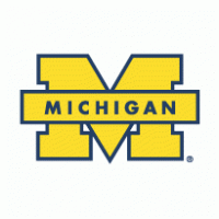The michigan logo is yellow and blue and says michigan on it.