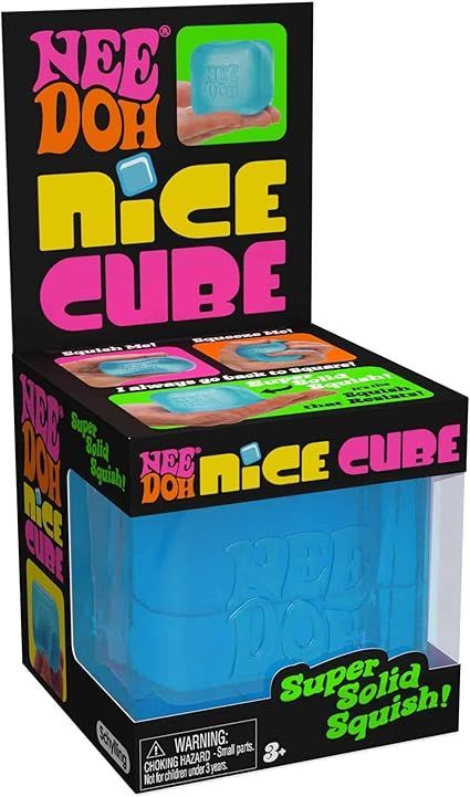 NEE DOH Nice Cube squishy toy in a black box with bright neon lettering and a blue cube inside
