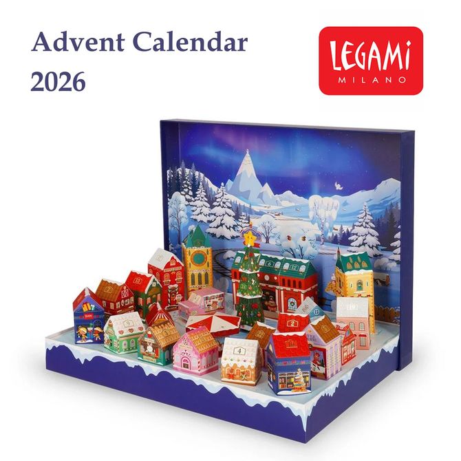 Legami Milano Advent Calendar 2026 with winter village scene and colorful holiday buildings