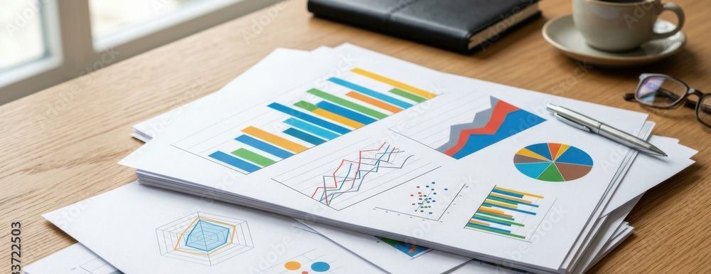Business charts and reports on a desk beside a coffee cup and laptop