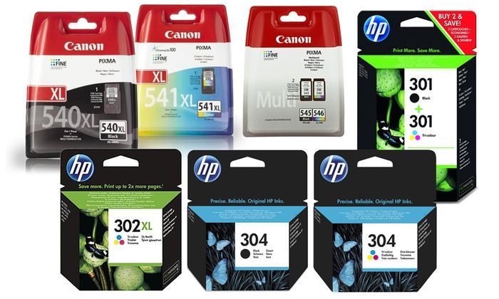 Assorted Canon and HP printer ink cartridges in red, black, and white packaging