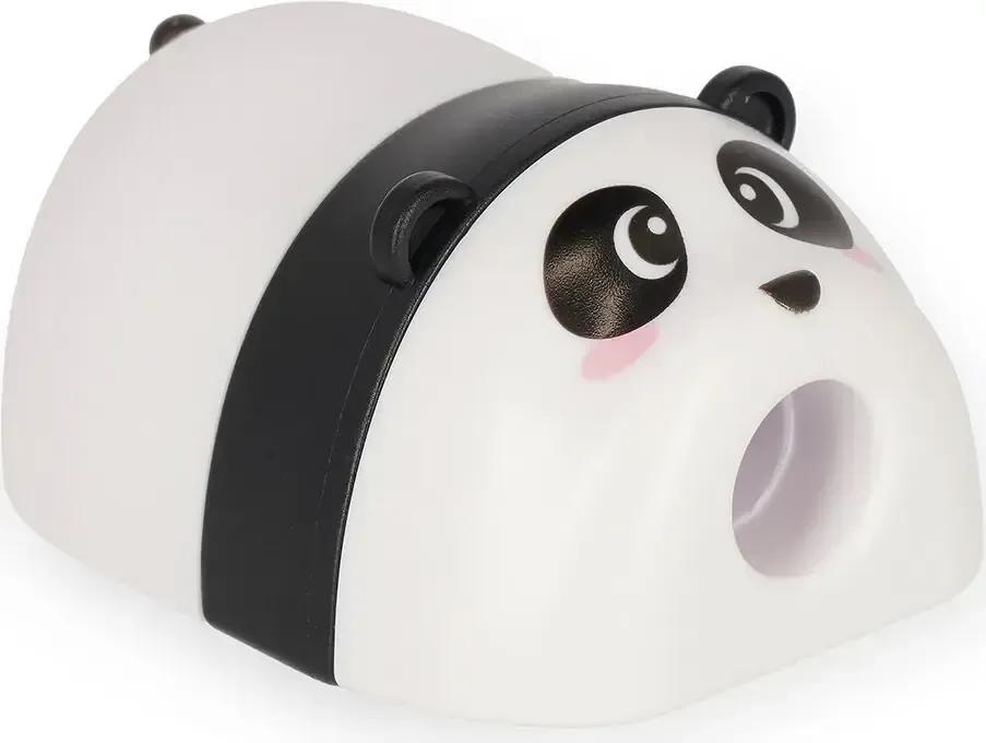 Panda-themed pencil sharpener in a clear plastic package, with mint and purple accents.