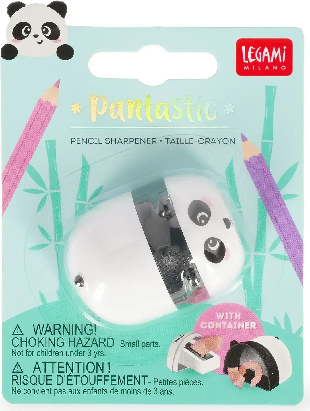 Panda-themed pencil sharpener in a clear plastic package, with mint and purple accents.