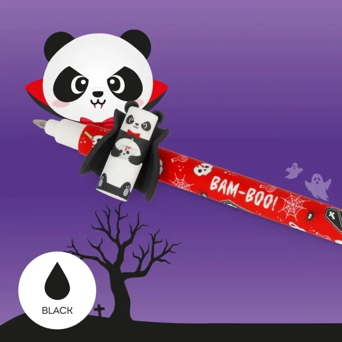 Panda-themed graphic with black and white figures, red accents, and a “BAM-BOO” ribbon on a purple background
