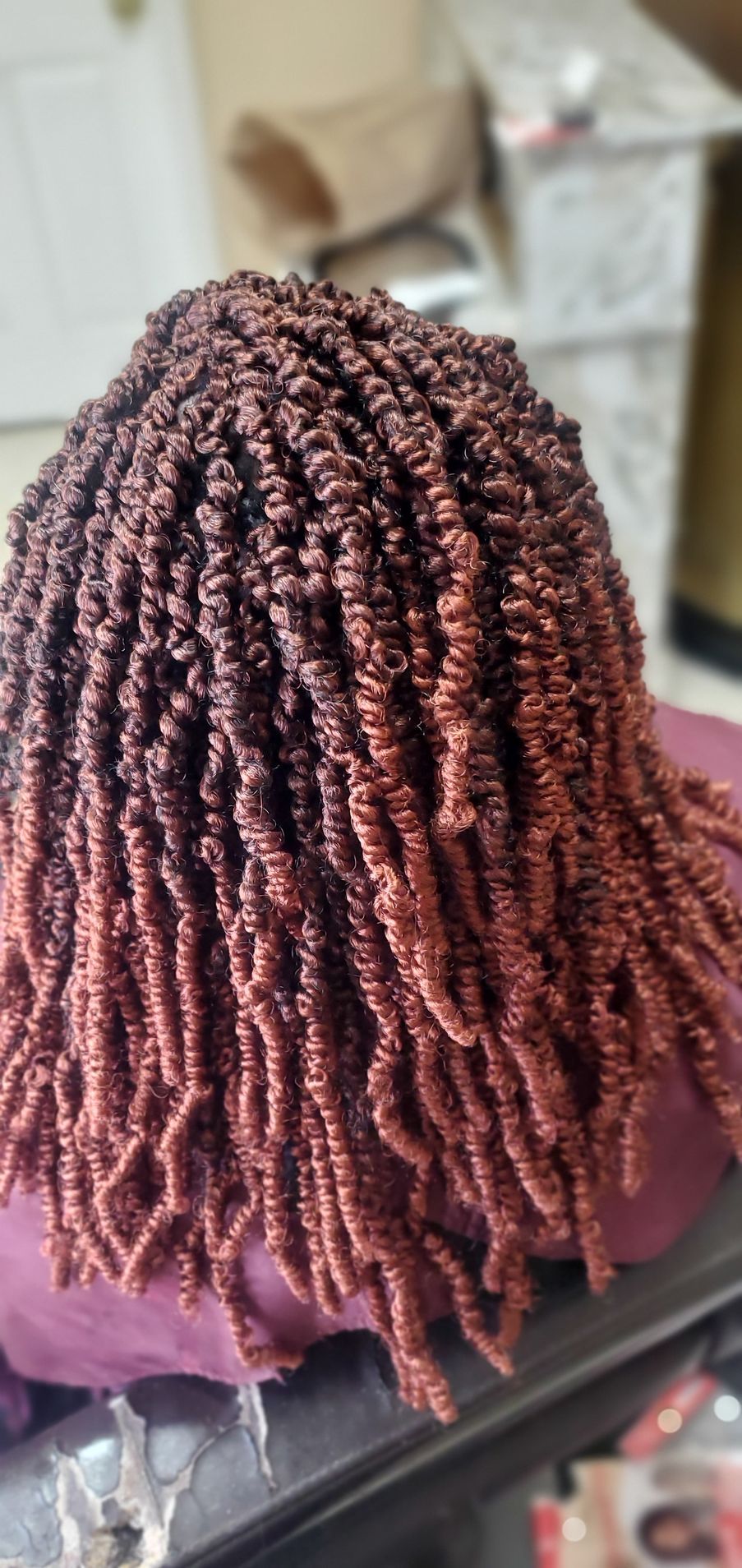 Back view of burgundy twisted braids on a chair in a salon setting