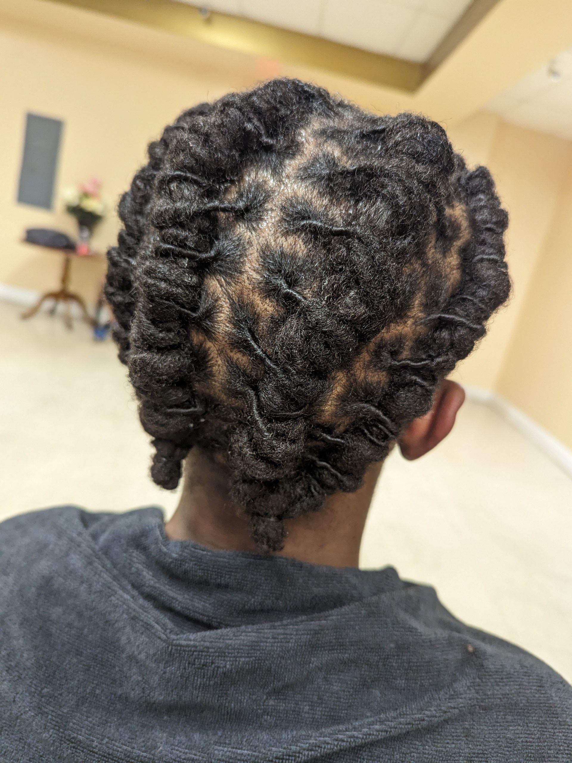 Back view of braided hairstyle in a room with beige walls and chairs in the background