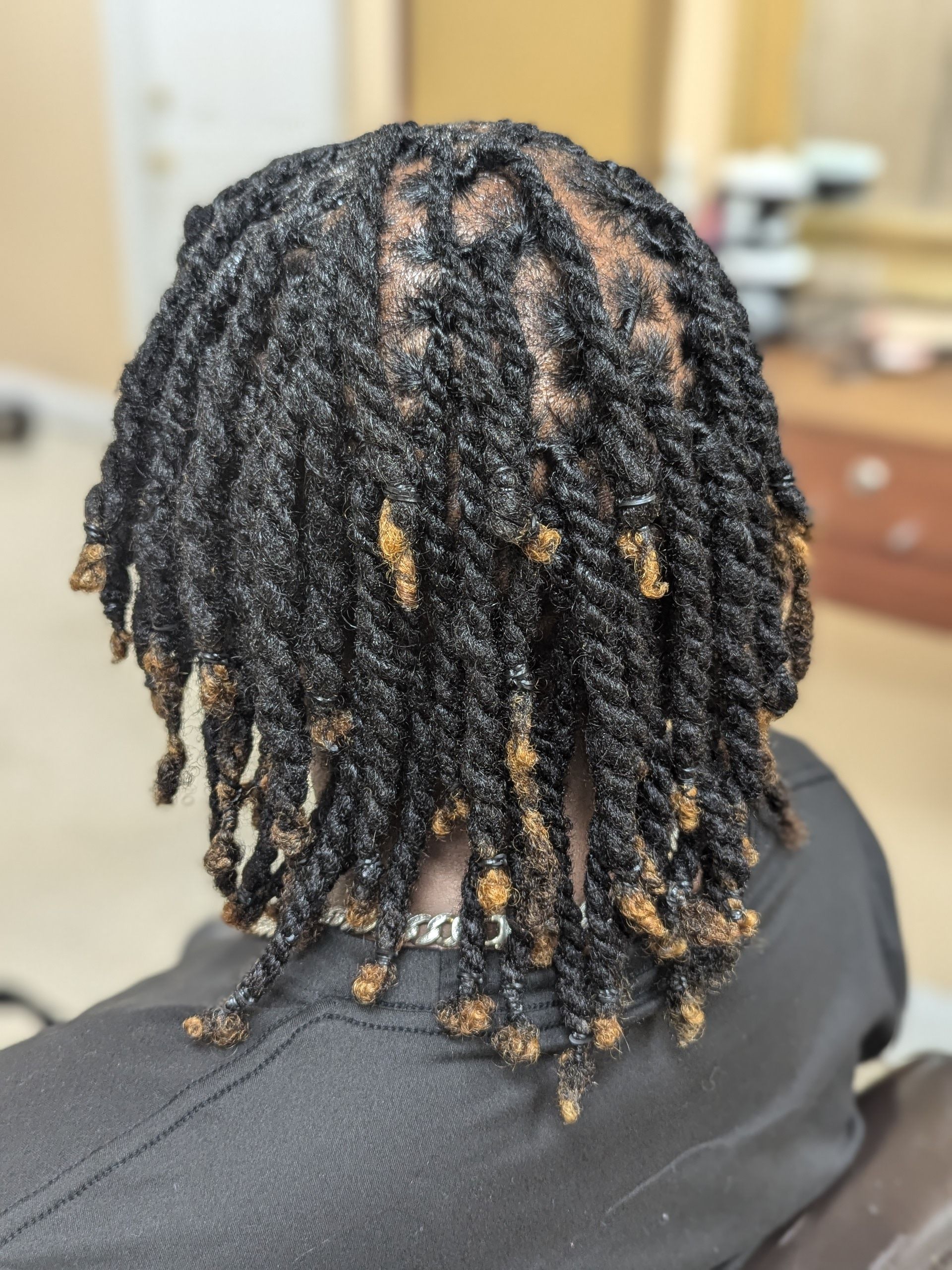 Back view of short twisted braids with blonde highlights in a salon chair
