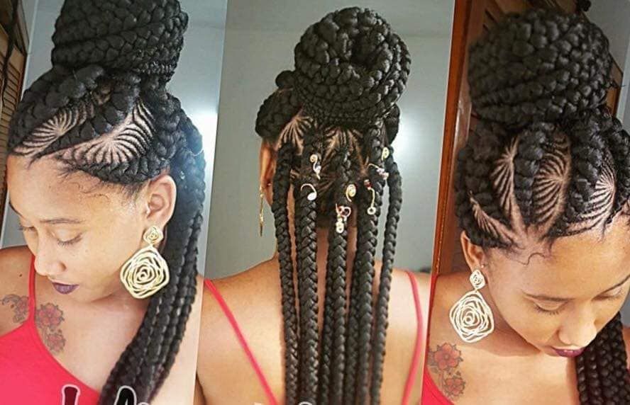 Three views of a braided updo with long twists and gold hoop earrings on a person in a red top.