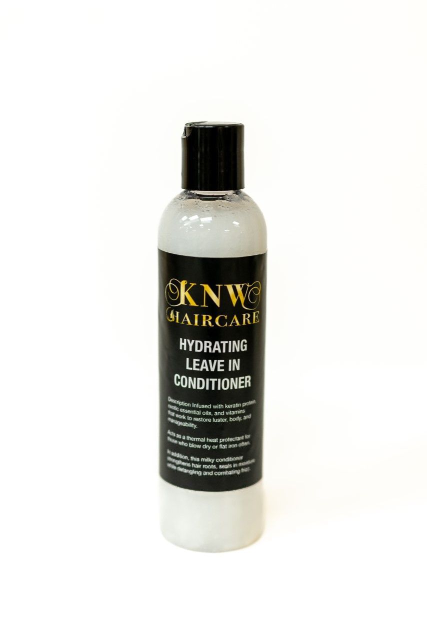 Black-and-white bottle of KNW Hair Care Hydrating Leave-In Conditioner on a white background