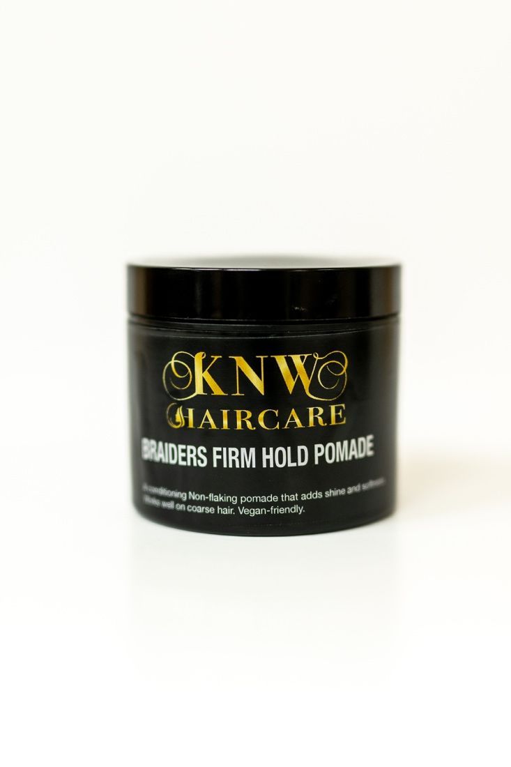 Black KNV Haircare braiders firm hold pomade jar on white background