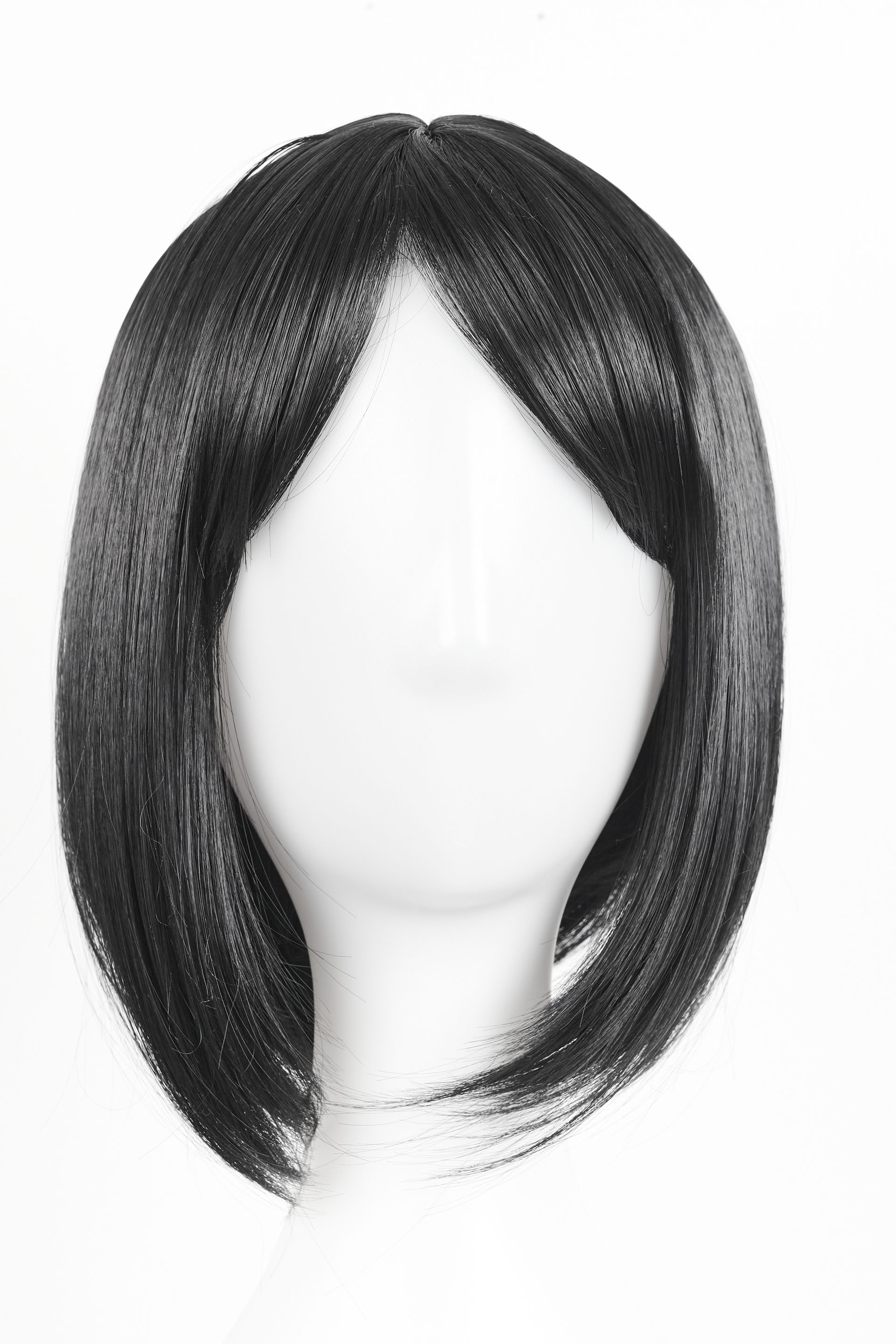 Black shoulder-length bob wig with side-swept bangs on a mannequin head