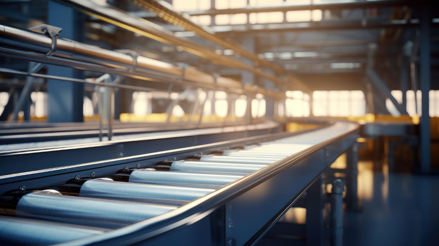 A conveyor belt in a factory with a lot of pipes.