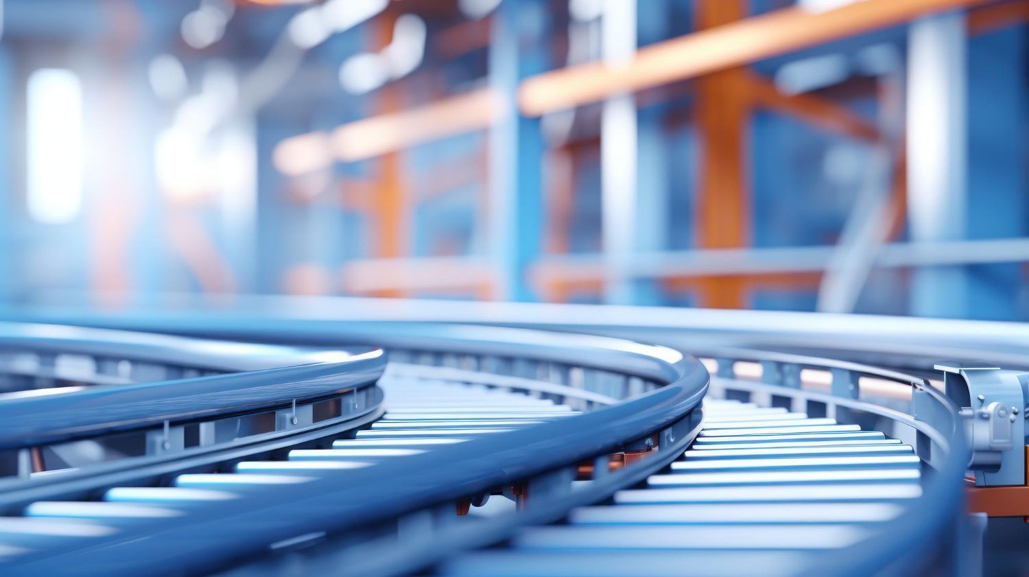 A conveyor belt in a factory with a roller coaster in the background.