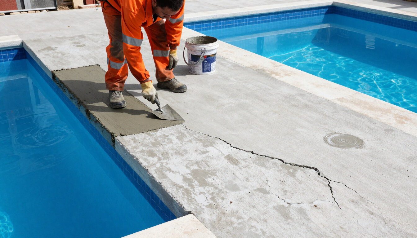 Workers in orange uniforms repairing a cracked pool deck beside a swimming pool.
