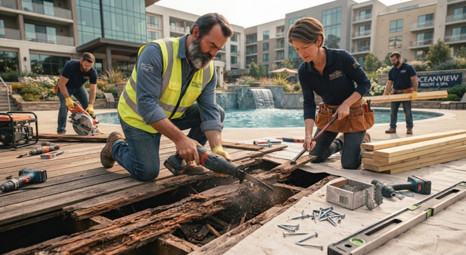 Workers installing wood decking at a construction site, with tools and boards on the ground.